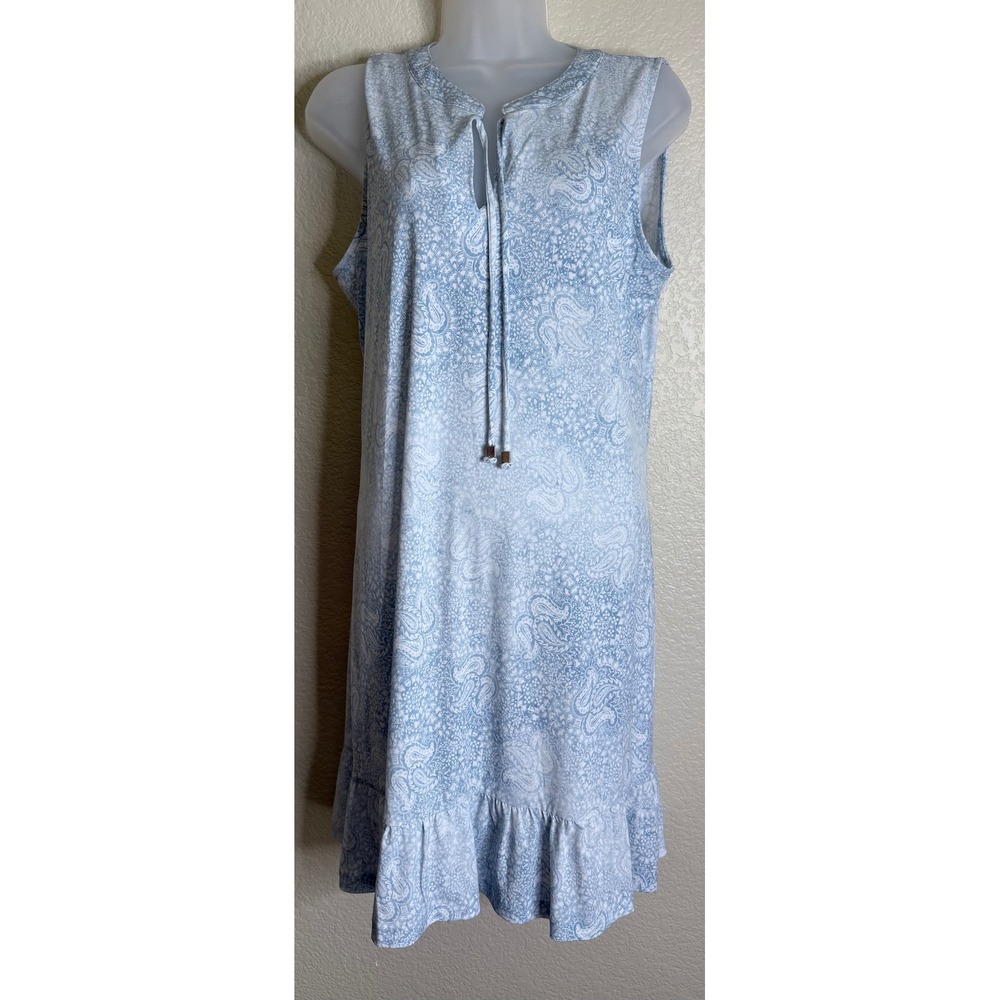 Michael Kors MMK L Shift Dress Blue White Paisley Ruffle Hem Sleeveless Tie Neck